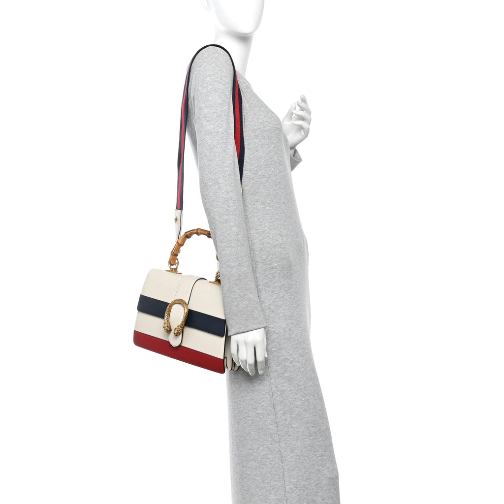 Calfskin Bamboo Web Medium Dionysus Top Handle Bag White Blue Hibiscus Red