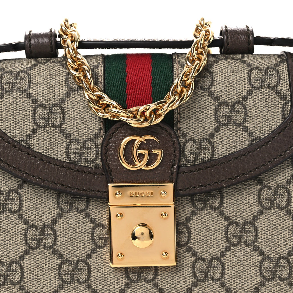 GG Supreme Monogram Textured Dollar Calfskin Web Mini Ophidia Padlock Top Handle Chain Shoulder Bag Beige Ebony New Acero