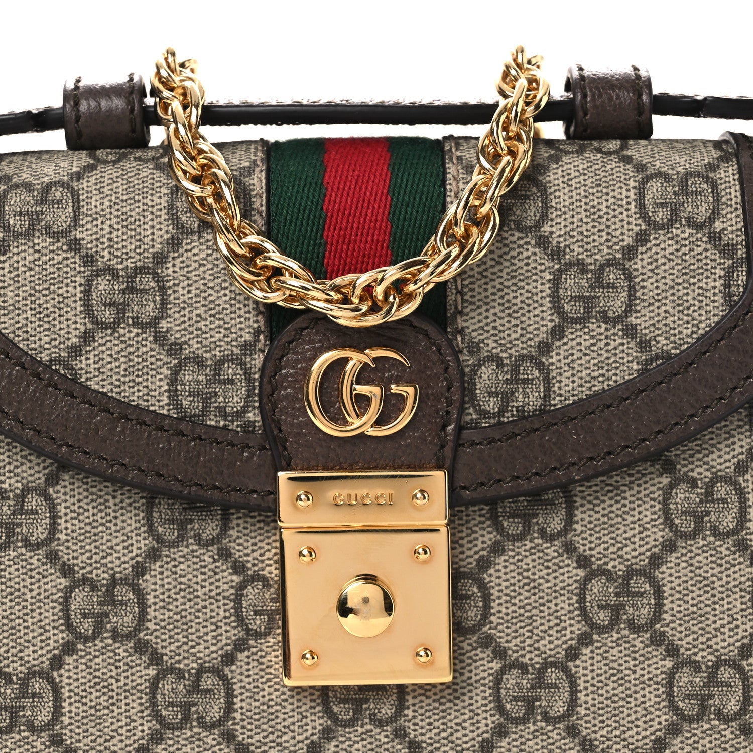 GG Supreme Monogram Textured Dollar Calfskin Web Mini Ophidia Padlock Top Handle Chain Shoulder Bag Beige Ebony New Acero