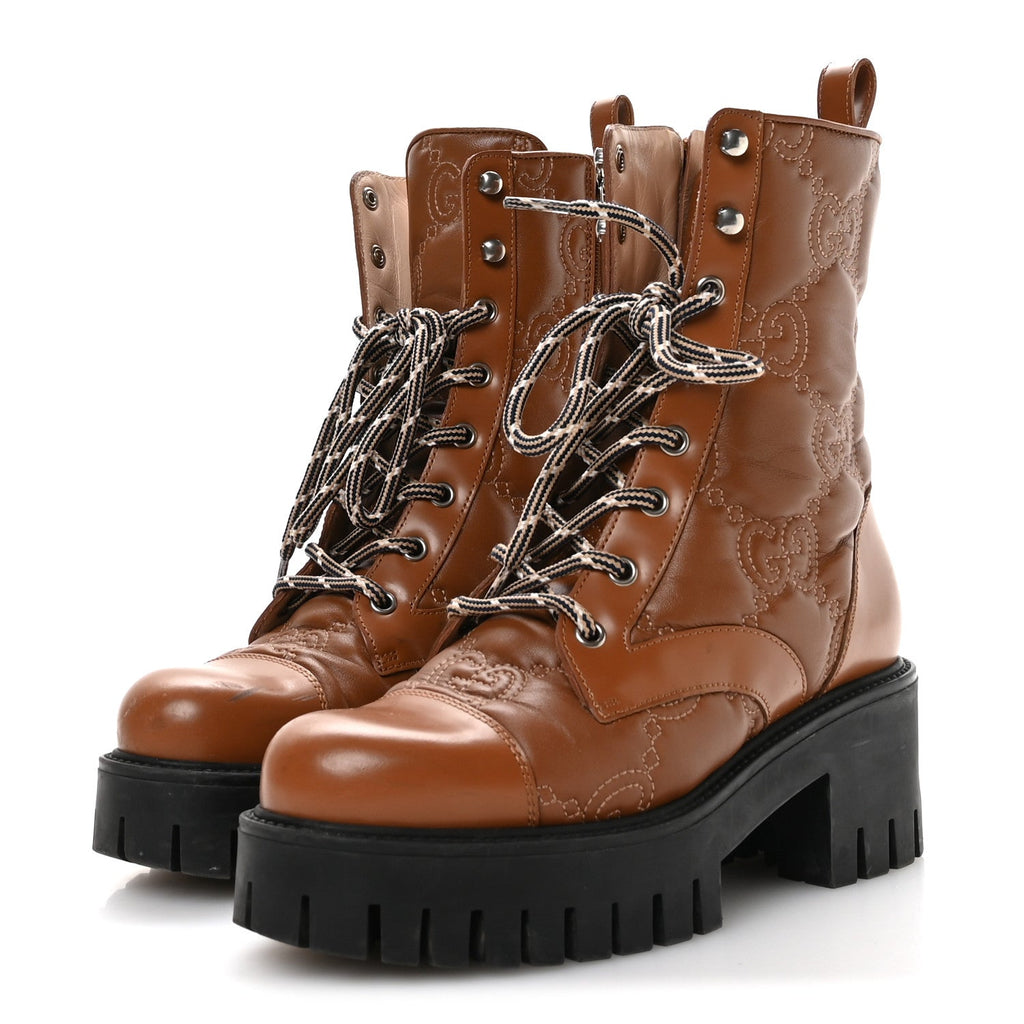 Cordovan Lux Nappa GG Matelasse Lace Up 60mm Combat Boots 36 Dark Hazel Brown