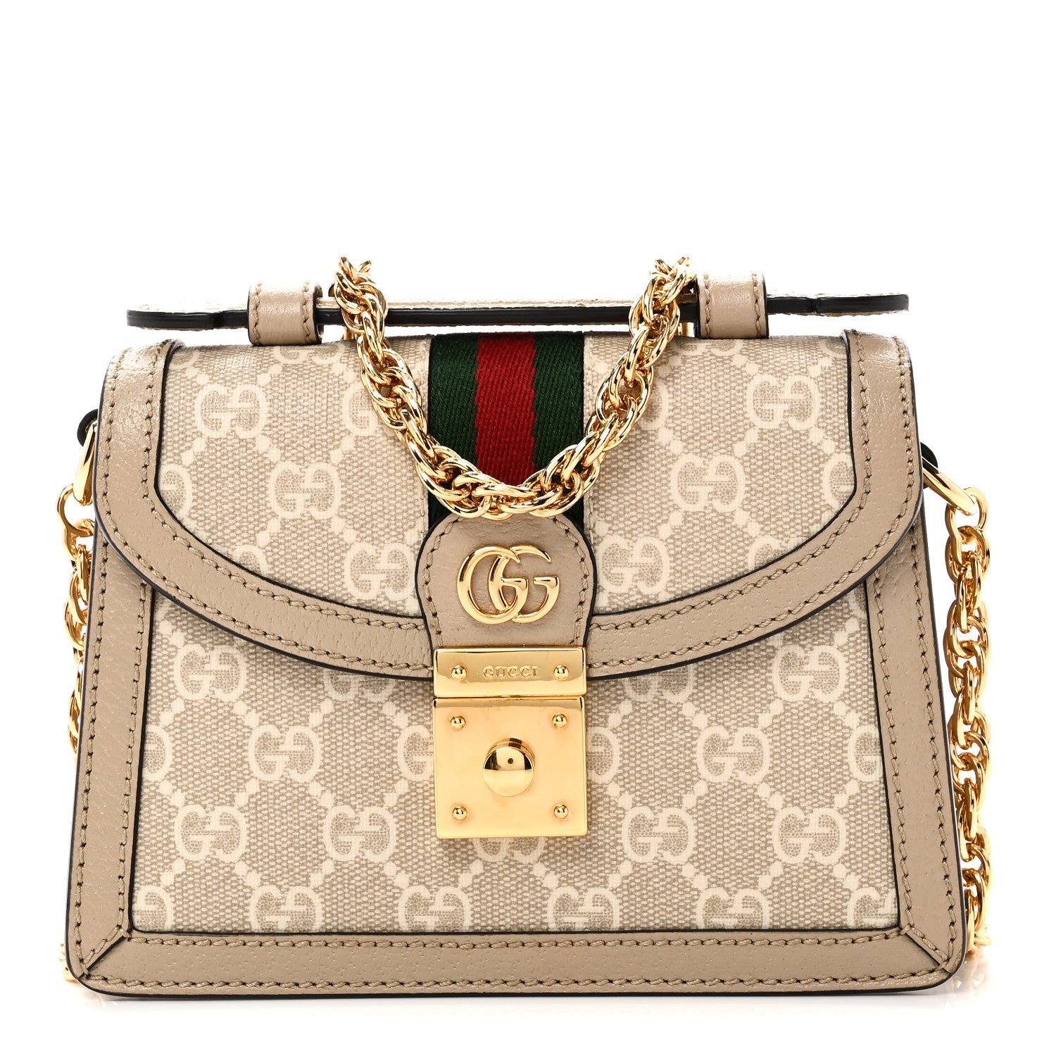 GG Supreme Monogram Textured Dollar Calfskin Web Mini Ophidia Padlock Top Handle Chain Shoulder Bag Beige Mystic White Oatmeal