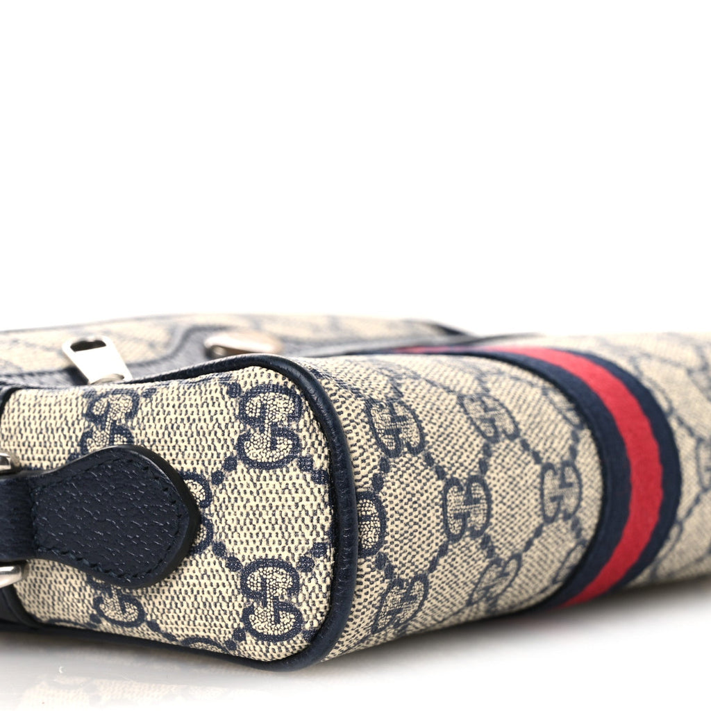 GG Supreme Monogram Textured Dollar Calfskin Web Mini Ophidia Shoulder Bag Beige Blue