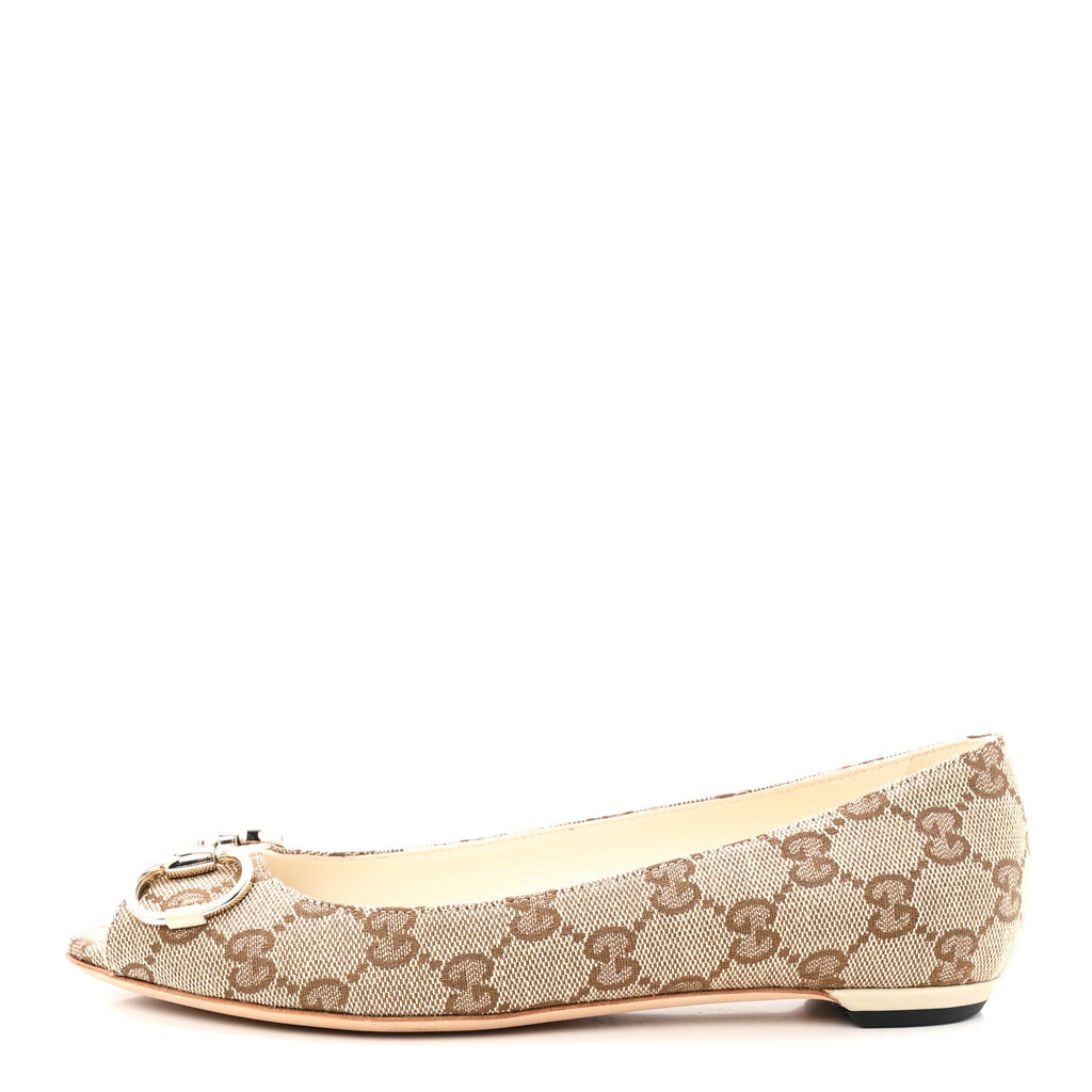 Monogram Miro Soft Calfskin Womens Horsebit Peep Toe Flats 6 Beige Ebony Mystic White