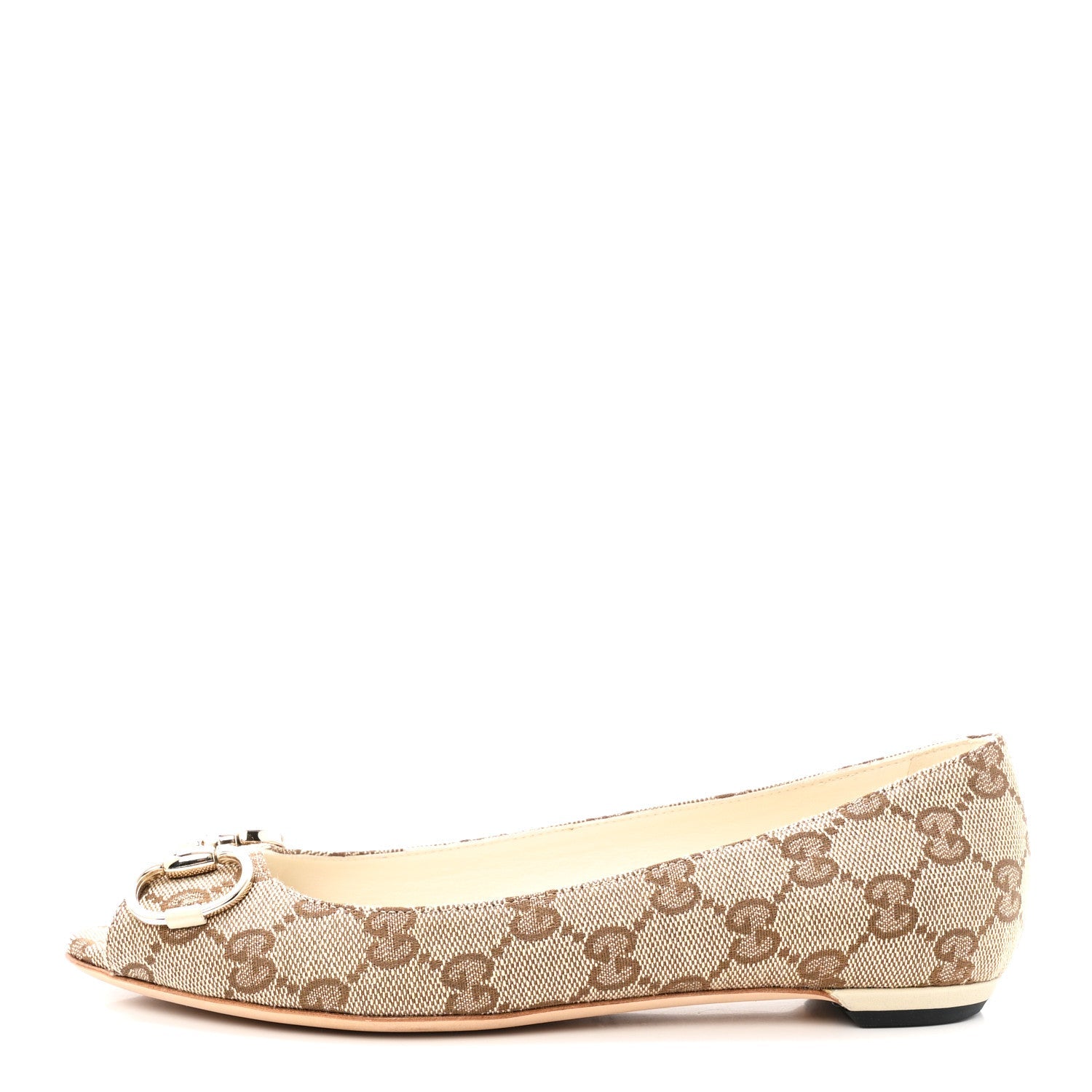 Monogram Miro Soft Calfskin Womens Horsebit Peep Toe Flats 6 Beige Ebony Mystic White