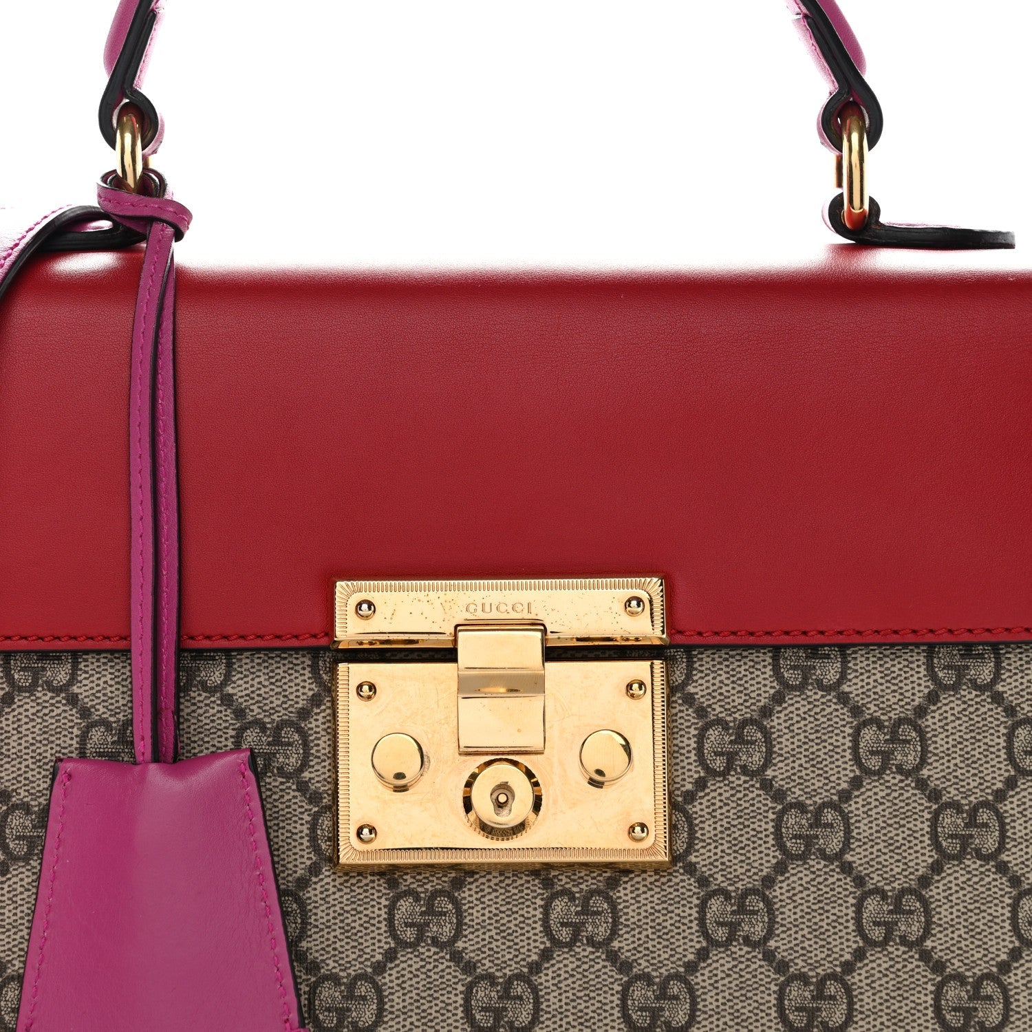 GG Supreme Monogram Calfskin Small Padlock Top Handle Bag Beige Hibiscus Red New Rosette