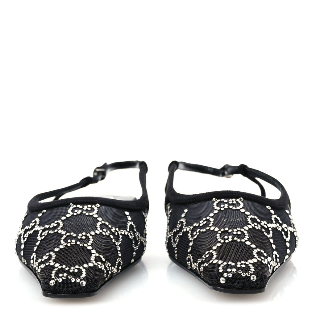Suede Mesh Crystal GG Monogram Slingback Ballet Flats 39.5 Black 39 Black