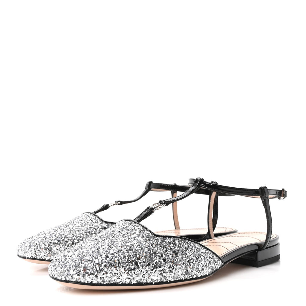 Calfskin Glitter Double G Slingback Flats 37 Silver Black