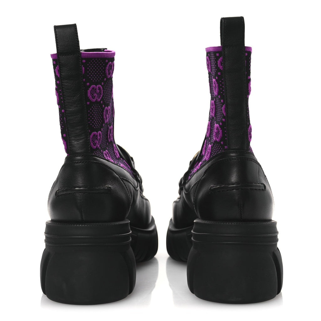 Quebec Calfskin Technical Jersey Knit GG Monogram Horsebit Ankle Boots 42 Black Fucsia