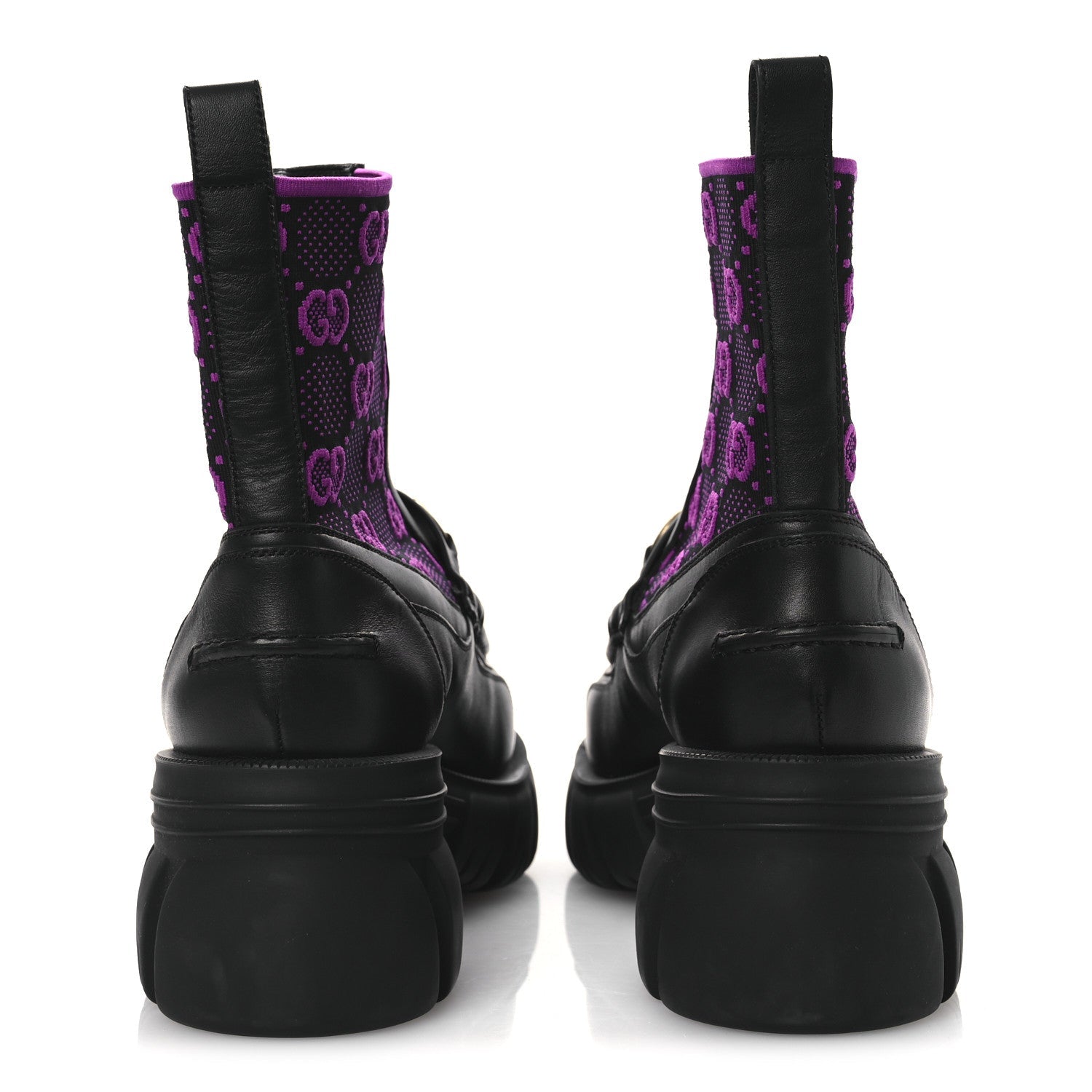 Quebec Calfskin Technical Jersey Knit GG Monogram Horsebit Ankle Boots 42 Black Fucsia