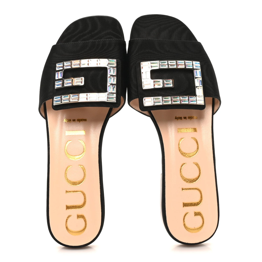 Moire Fabric Crystal Square G Madelyn Slide Sandals 35 Black