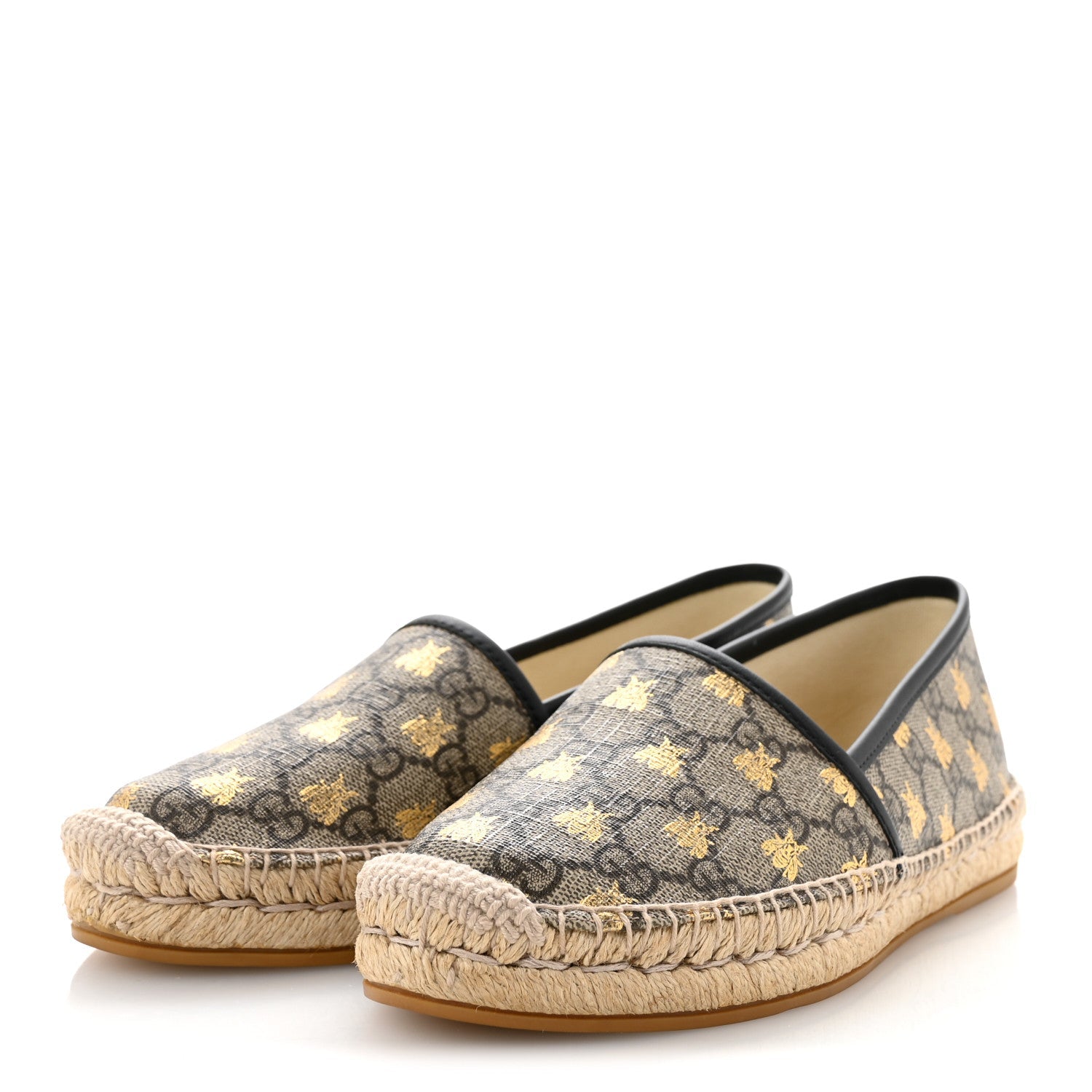 GG Supreme Monogram Bees Espadrille Flats 38 Beige Ebony Oro Black