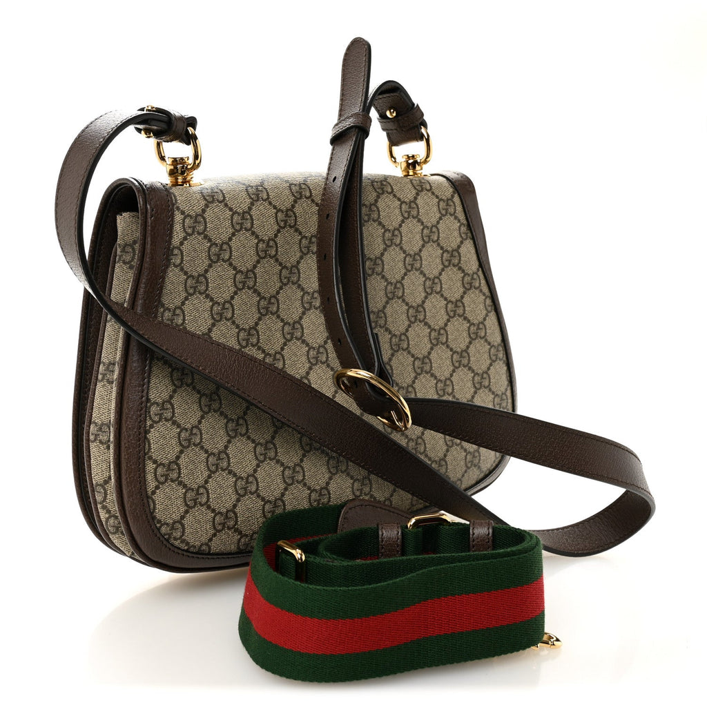 GG Supreme Monogram Textured Dollar Calfskin Web Medium Blondie Shoulder Flap Bag Beige Ebony New Acero