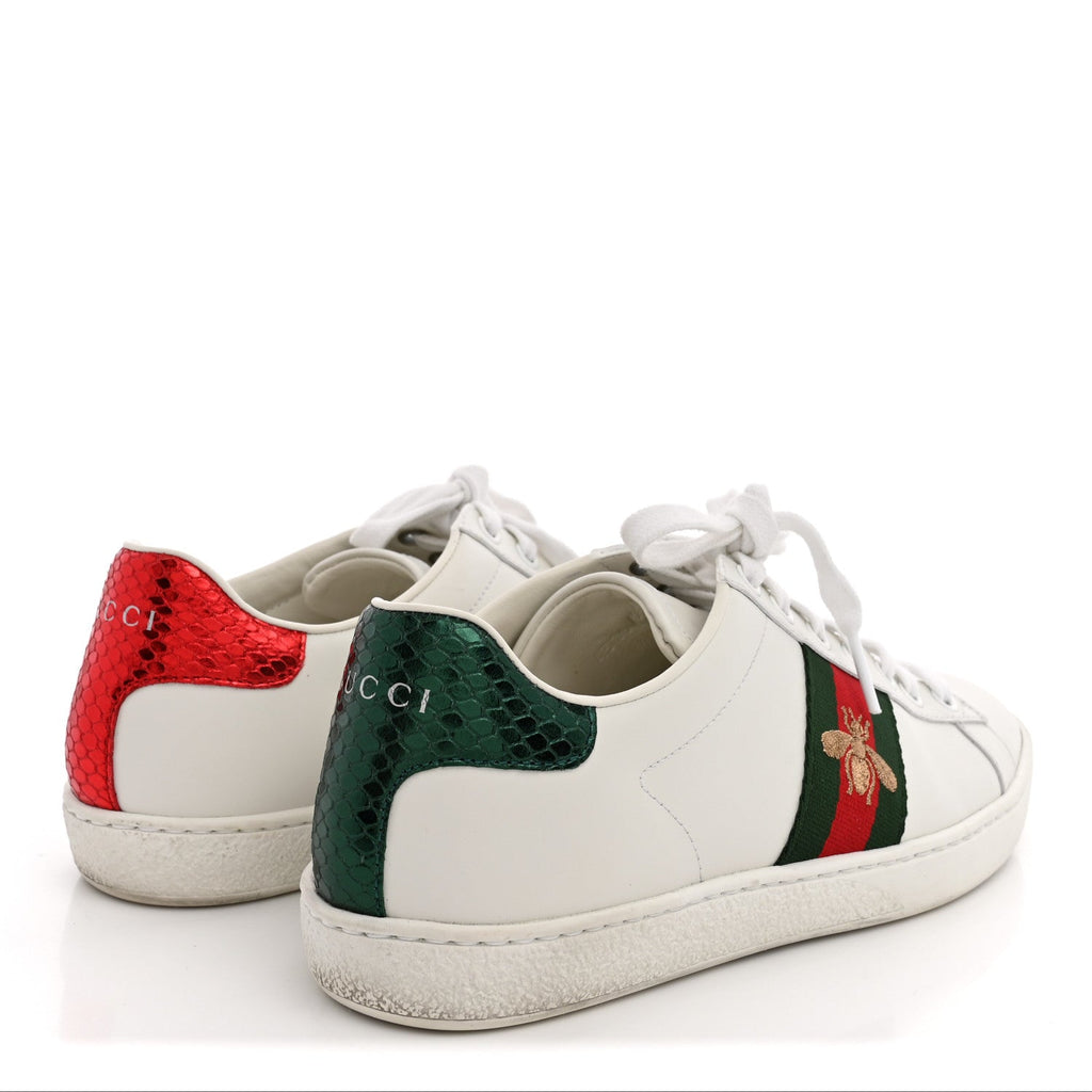 Calfskin Ayers Bee Embroidered Womens Ace Sneakers 37 White Green