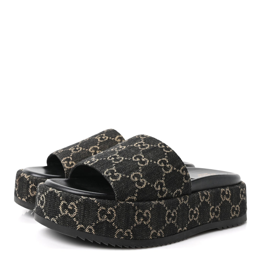 Jacquard Black Denim GG Monogram Angelina Platform 55mm Slide Sandals 39.5 Black Ivory
