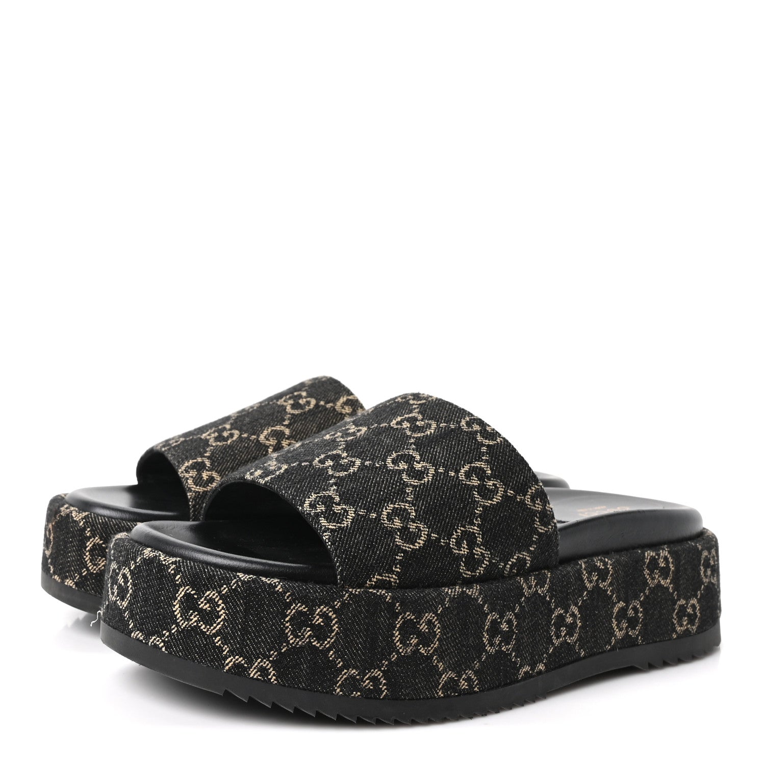 Jacquard Black Denim GG Monogram Angelina Platform 55mm Slide Sandals 39.5 Black Ivory