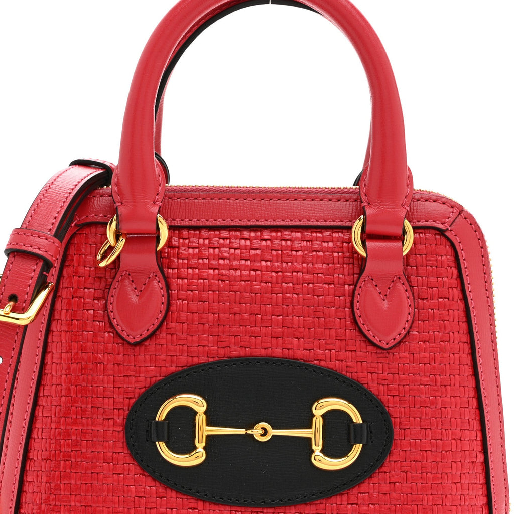 Straw Azalea Calfskin Woven Mini Horsebit 1955 Top Handle Bag Coral Wave Black