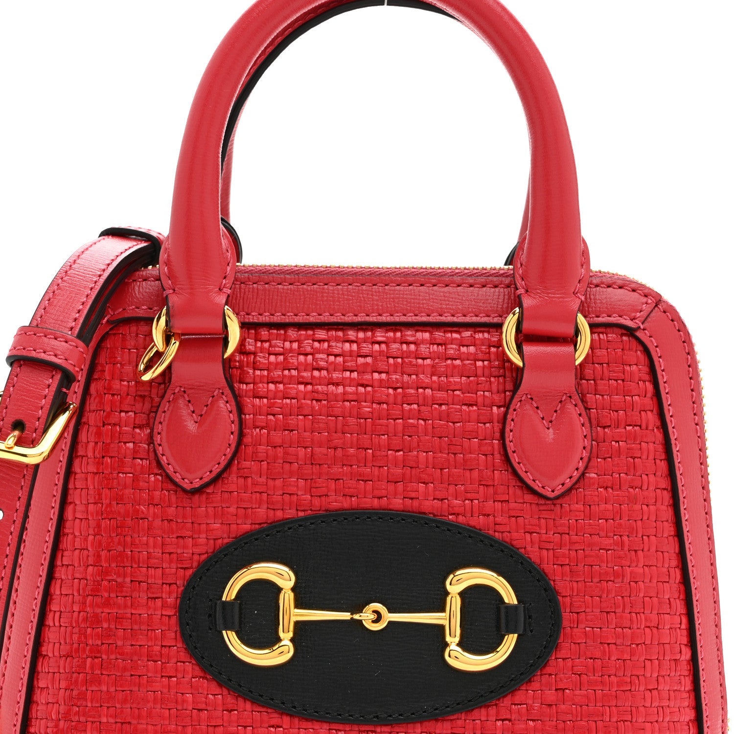 Straw Azalea Calfskin Woven Mini Horsebit 1955 Top Handle Bag Coral Wave Black