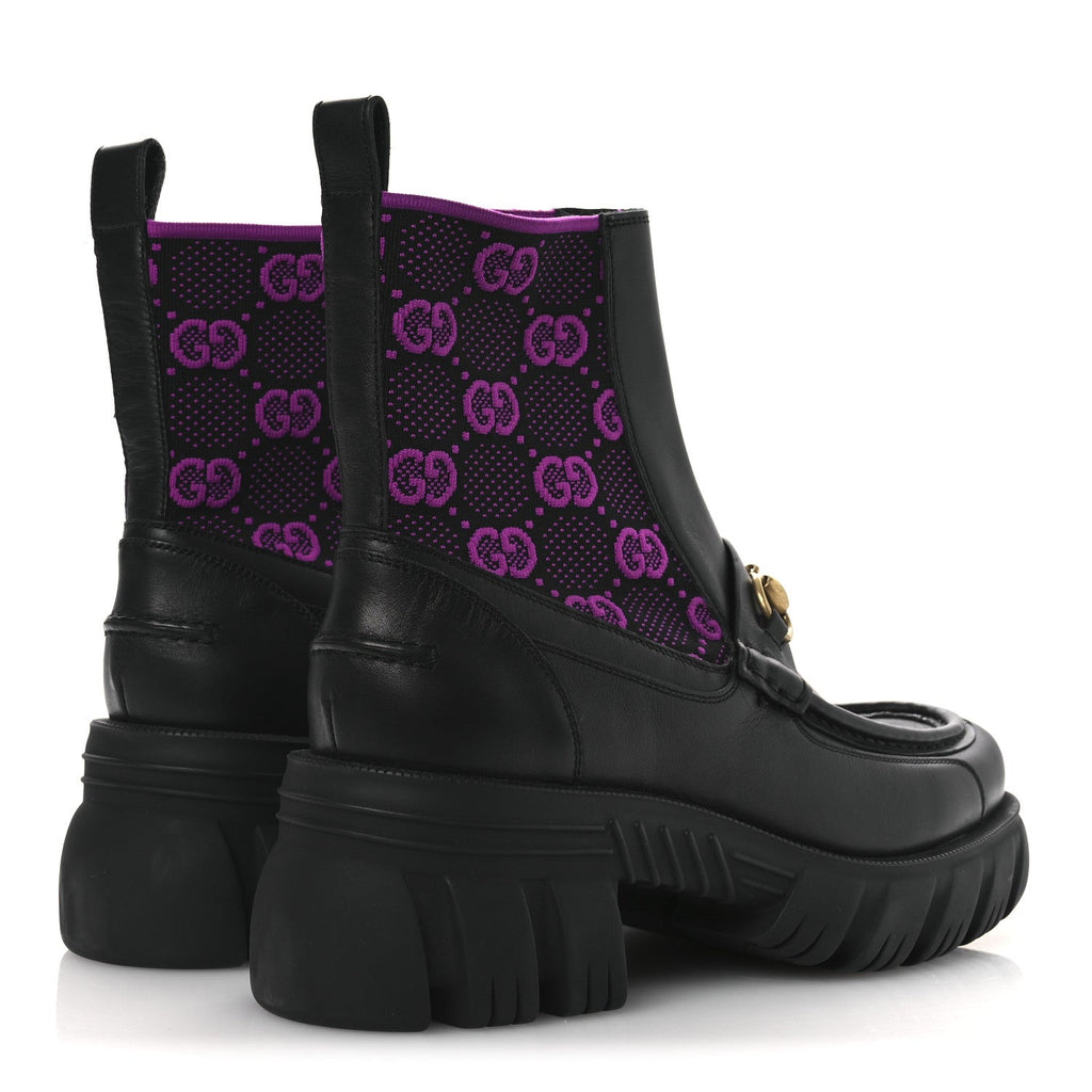 Quebec Calfskin Technical Jersey Knit GG Monogram Horsebit Ankle Boots 42 Black Fucsia