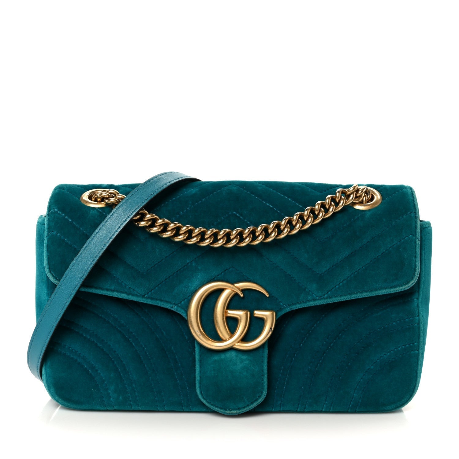 Velvet Matelasse Small GG Marmont Shoulder Bag Pavone Cyan