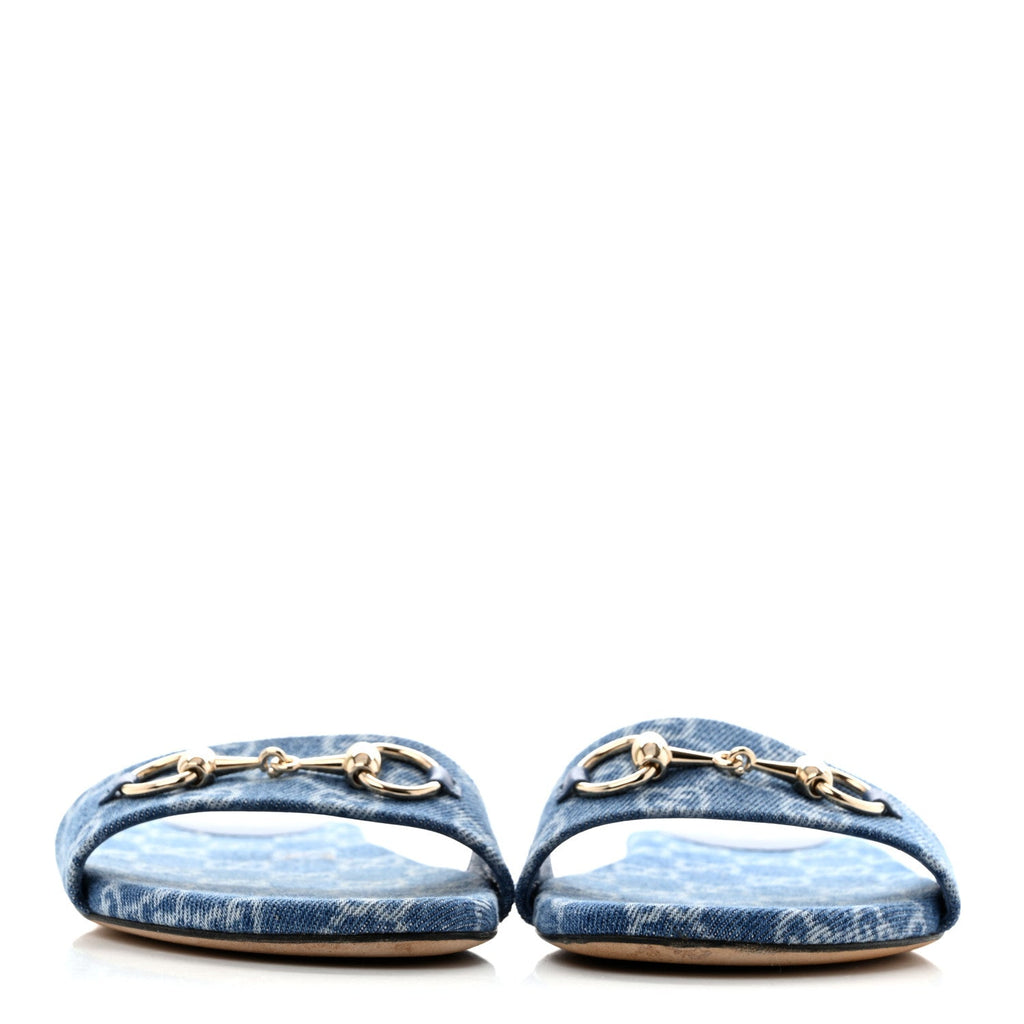 New Denim GG Monogram Horsebit Flat Slide Sandals 36 Blue