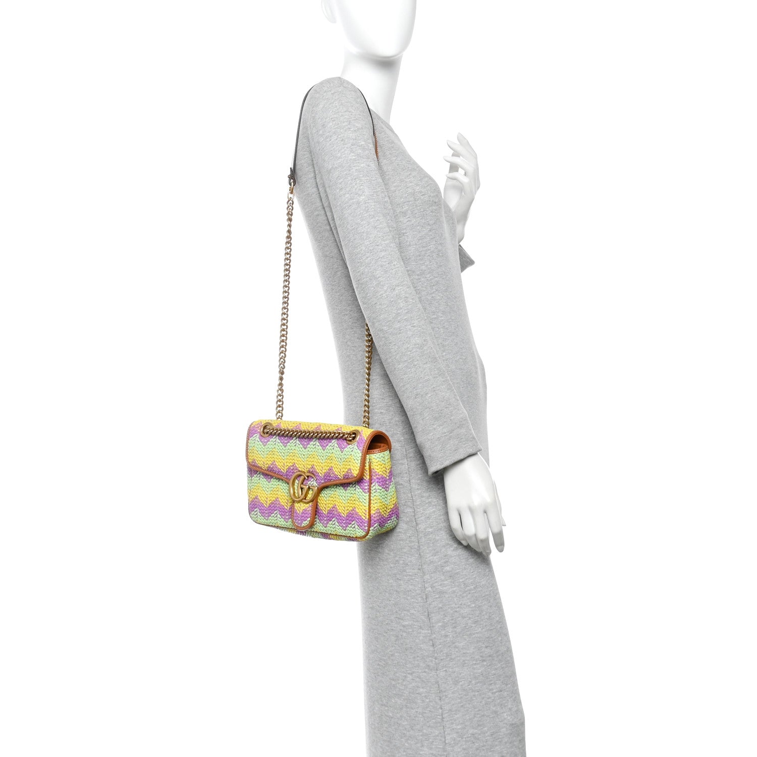 Calfskin Raffia Woven Small GG Marmont Shoulder Bag Multicolor