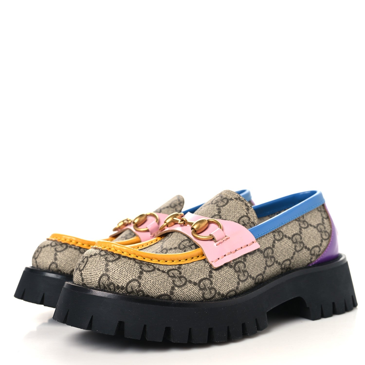 GG Supreme Monogram Cordovan Lux Womens Harald Horsebit 25mm Platform Loafers 35.5 Beige Sugar Pink Crop Shine Purple Marine