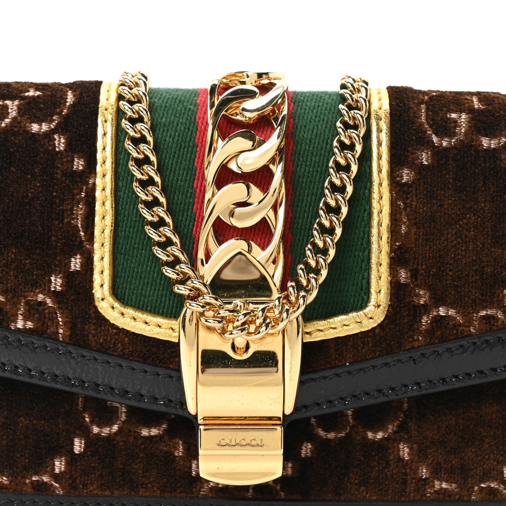 Velvet GG Monogram Web Super Mini Sylvie Chain Shoulder Bag Brown Black Oro Vecchio