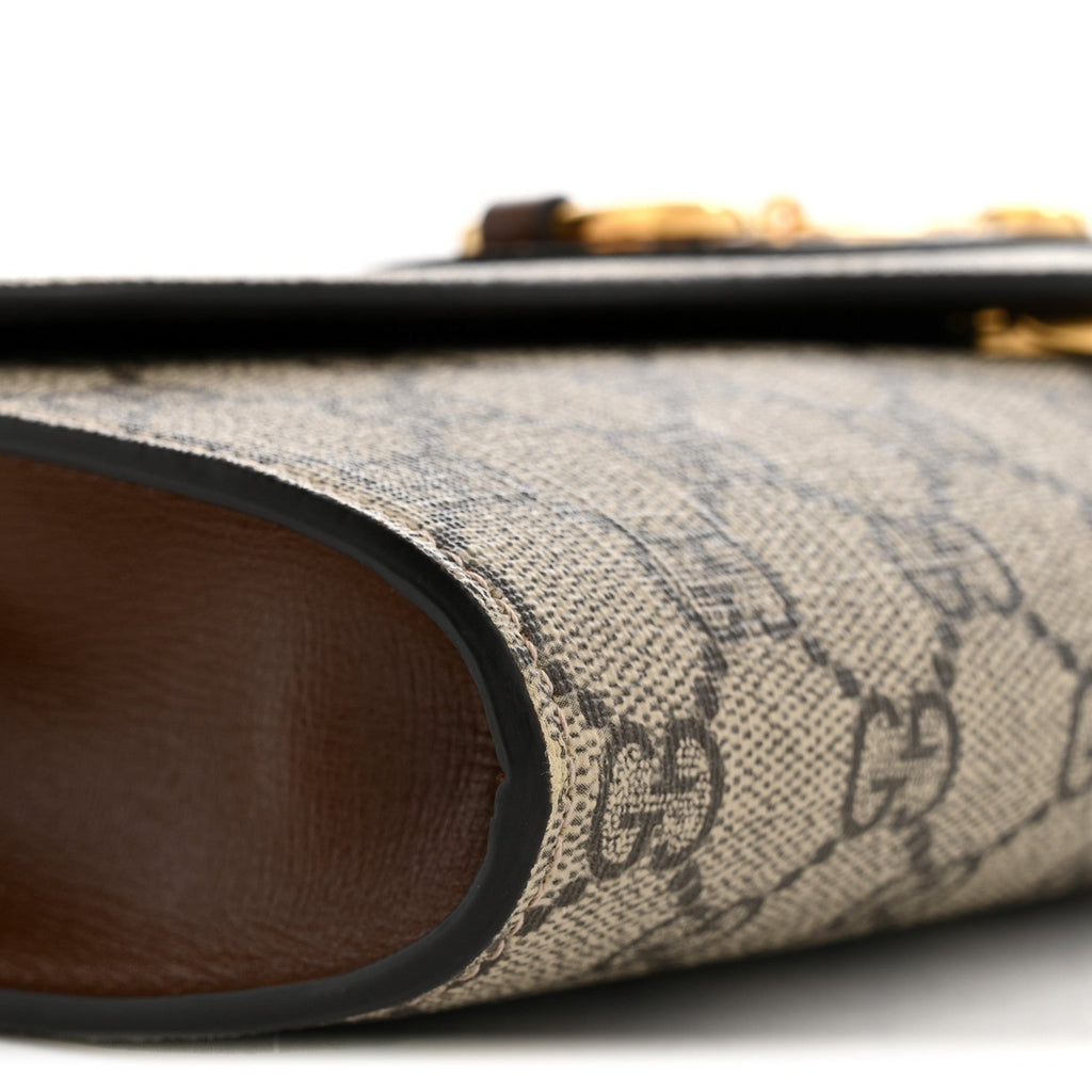 GG Supreme Monogram Azalea Calfskin Web Small Horsebit 1955 Crossbody Bag Beige Ebony Brown Sugar
