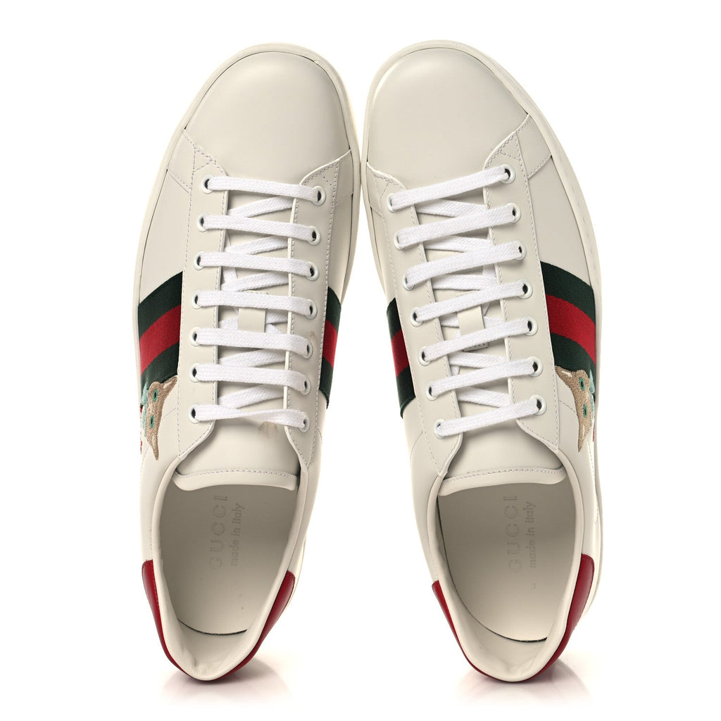Calfskin Cat Embroidered Mens Ace Sneakers 12 White Green