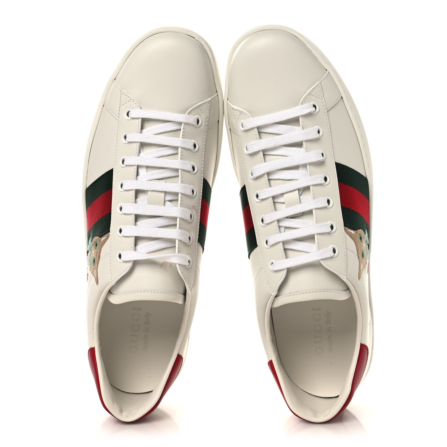 Calfskin Cat Embroidered Mens Ace Sneakers 12 White Green