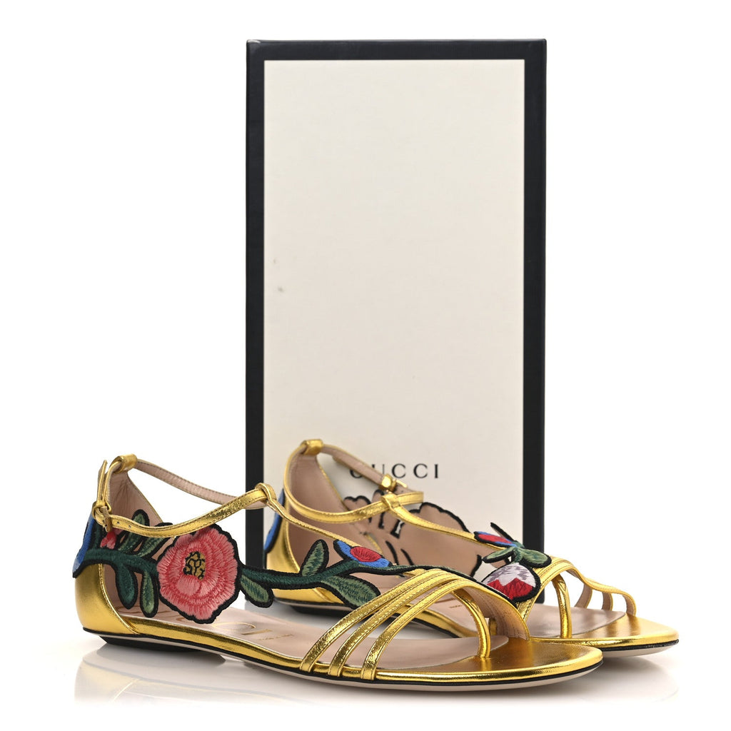 Metallic Nappa Ophelia T-Strap Flat Sandals 36 Gold