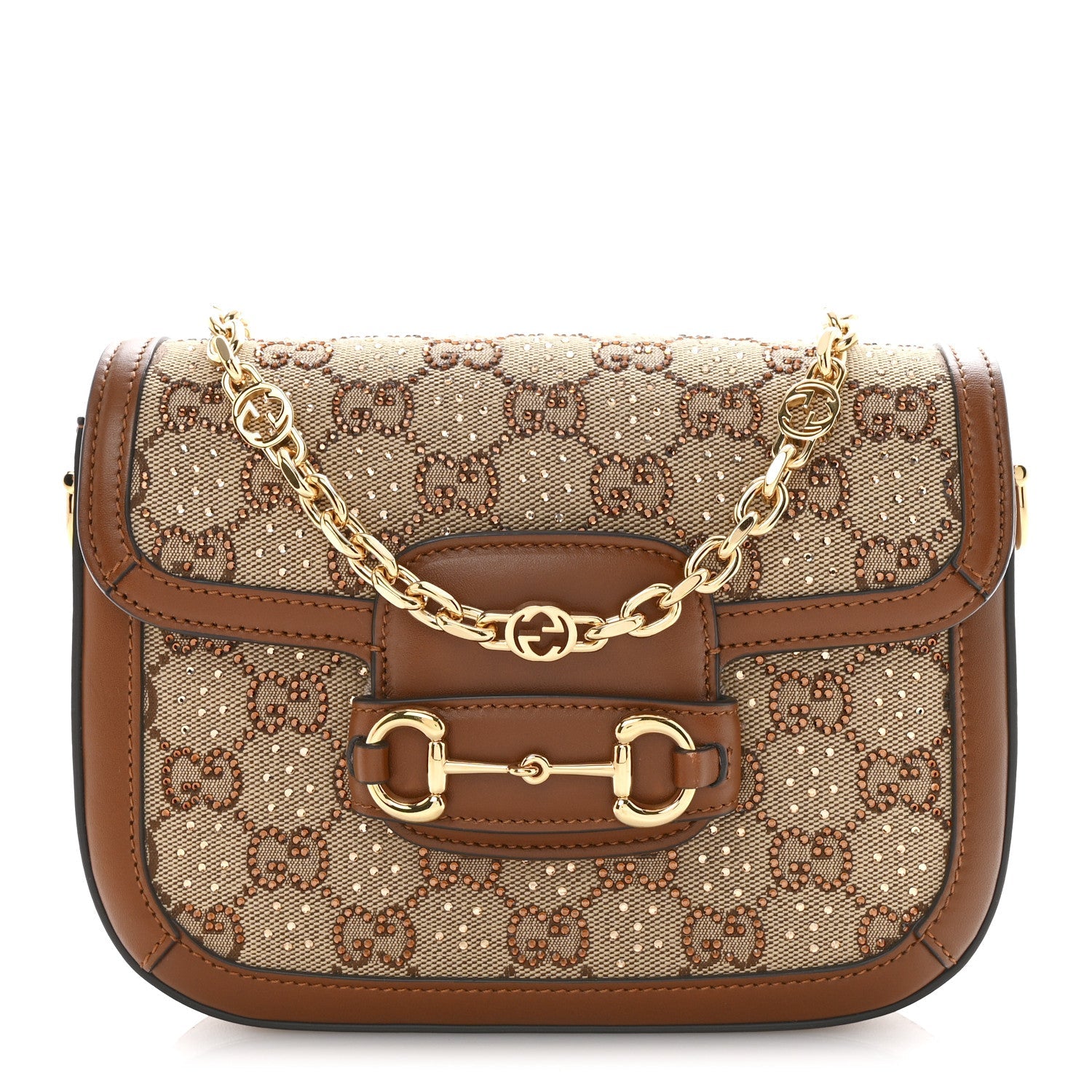 New Canvas Charisma Calfskin Crystal GG Monogram Mini Horsebit 1955 Shoulder Bag Camel Ebony