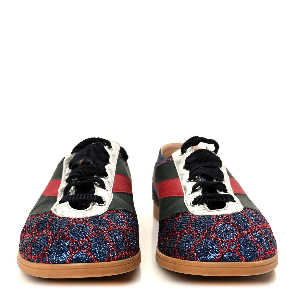 Lurex Calfskin Web GG Monogram Mens Falacer Sneakers 9 Iridescent Blue Iridescent Red Silver
