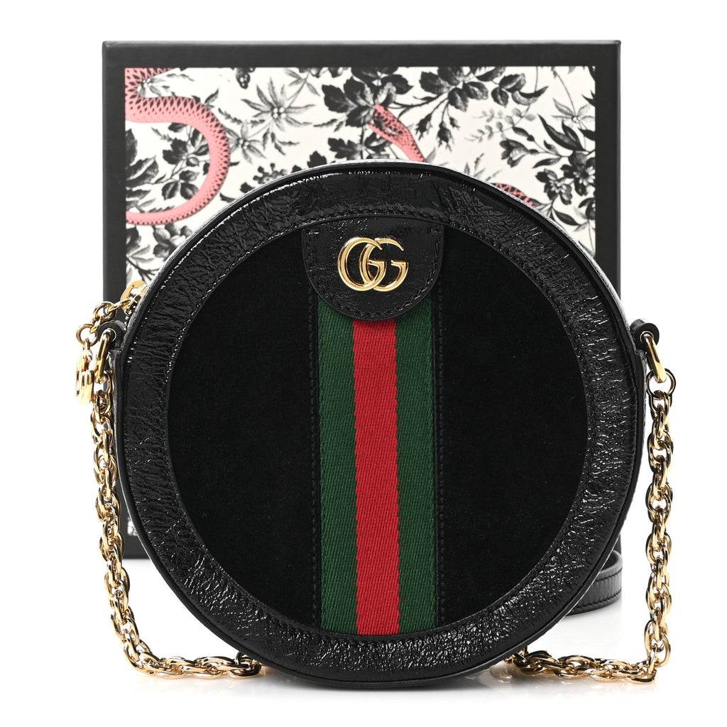 Suede Patent Web Mini Ophidia Round Shoulder Bag Black