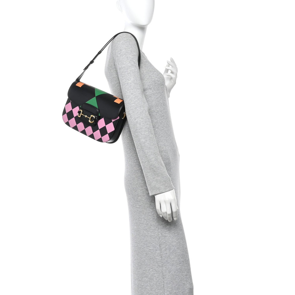 Textured Calfskin Geometric Print Horsebit 1955 Shoulder Bag Black Multicolor