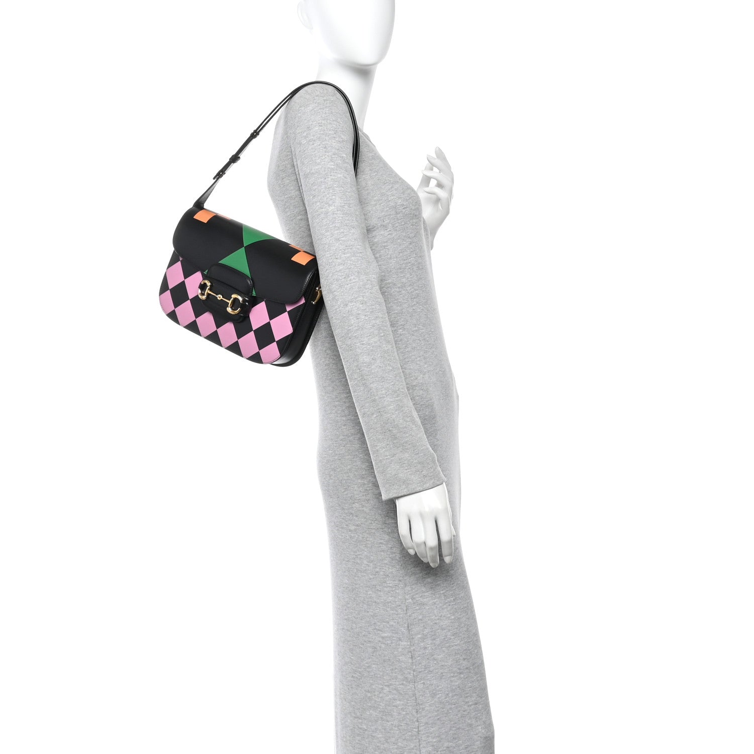 Textured Calfskin Geometric Print Horsebit 1955 Shoulder Bag Black Multicolor