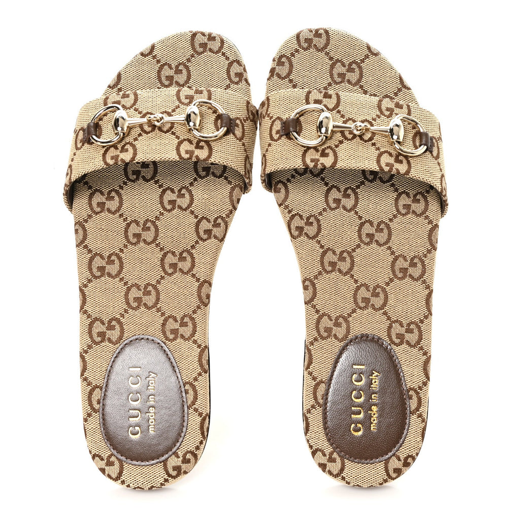 Monogram Horsebit Slide Sandals 37 Camel Ebony