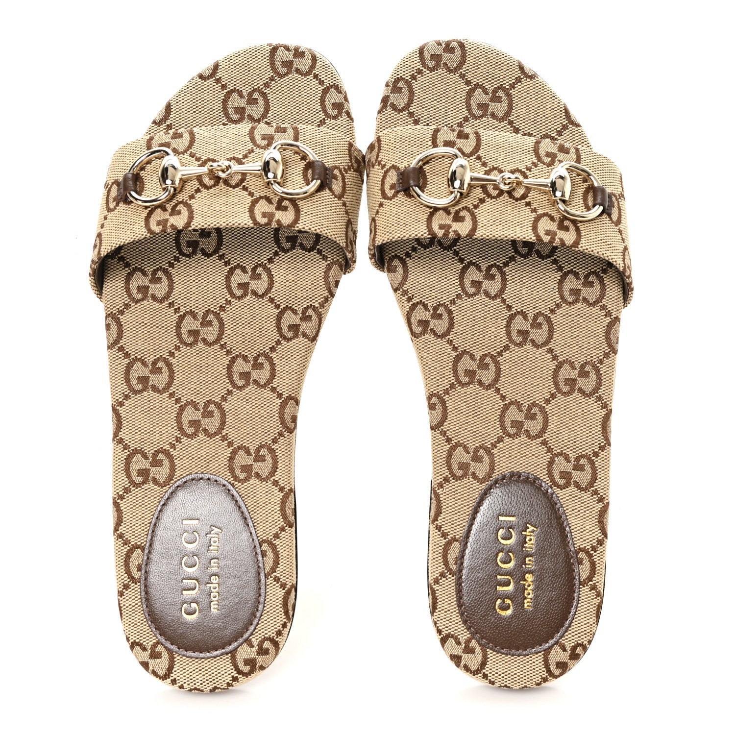 Monogram Horsebit Slide Sandals 37 Camel Ebony