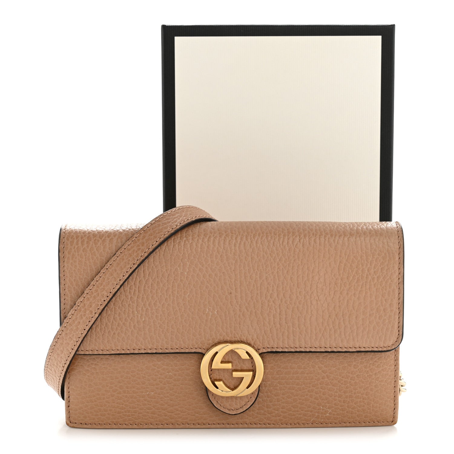 Dollar Calfskin Interlocking G Chain Wallet Camelia
