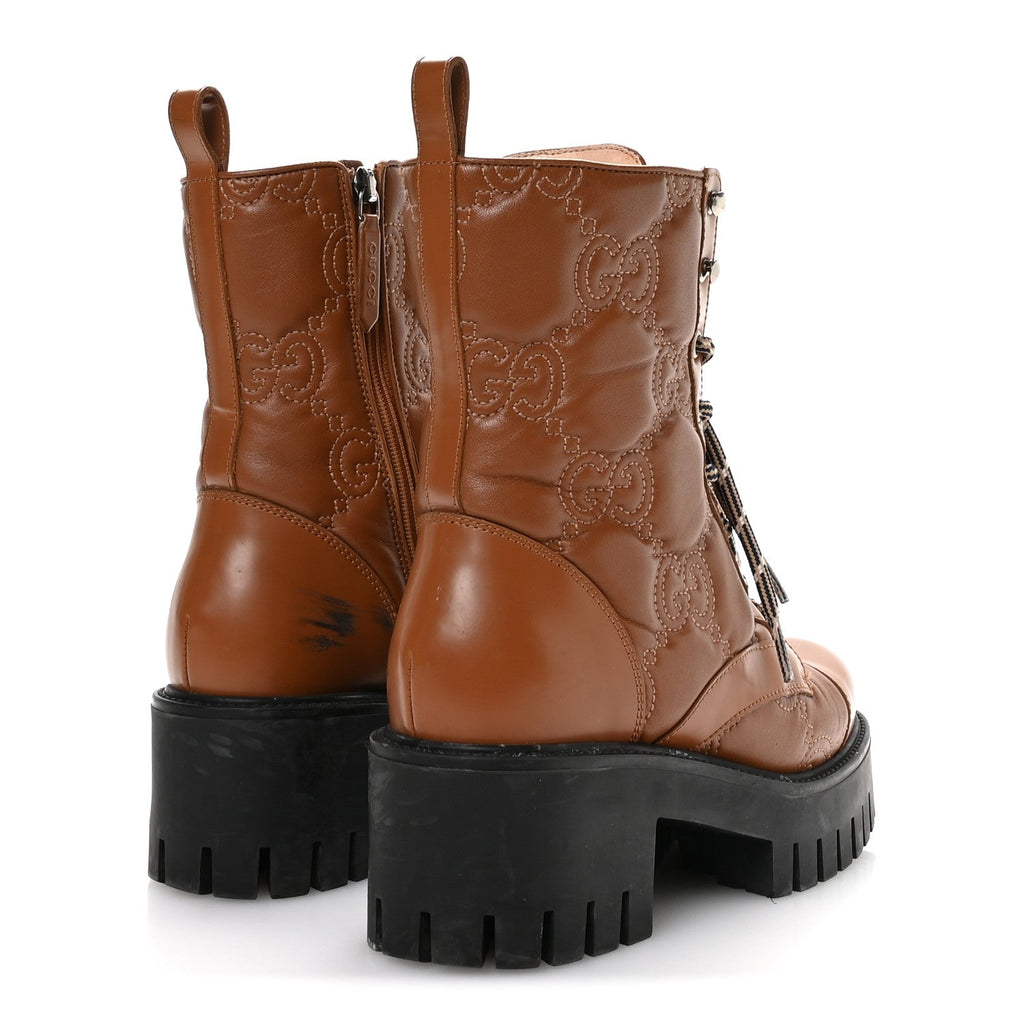 Cordovan Lux Nappa GG Matelasse Lace Up 60mm Combat Boots 36 Dark Hazel Brown