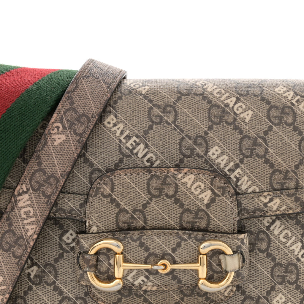 X BALENCIAGA GG Supreme Monogram Web Logo Print Mini Horsebit 1955 Shoulder Bag Beige Ebony