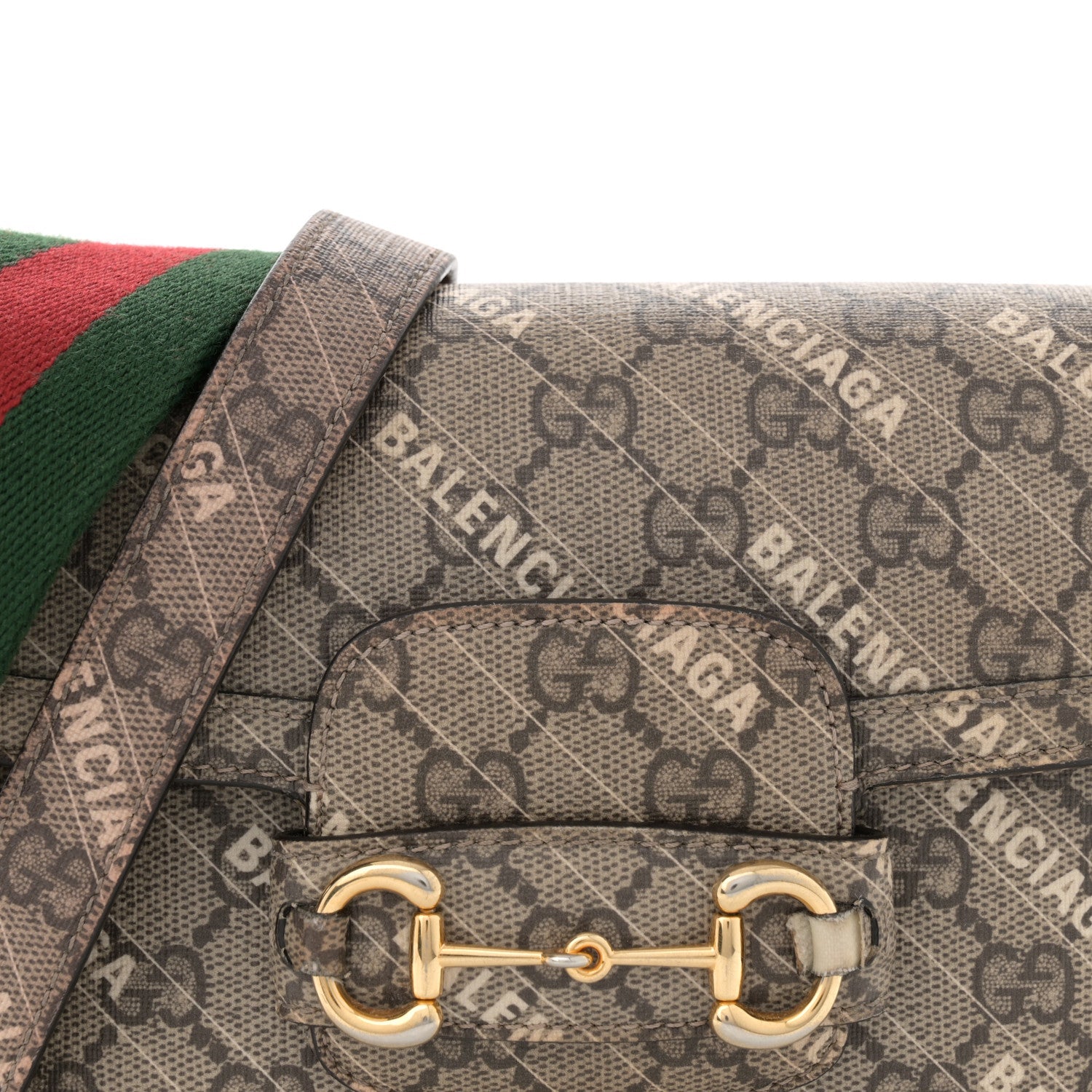 X BALENCIAGA GG Supreme Monogram Web Logo Print Mini Horsebit 1955 Shoulder Bag Beige Ebony