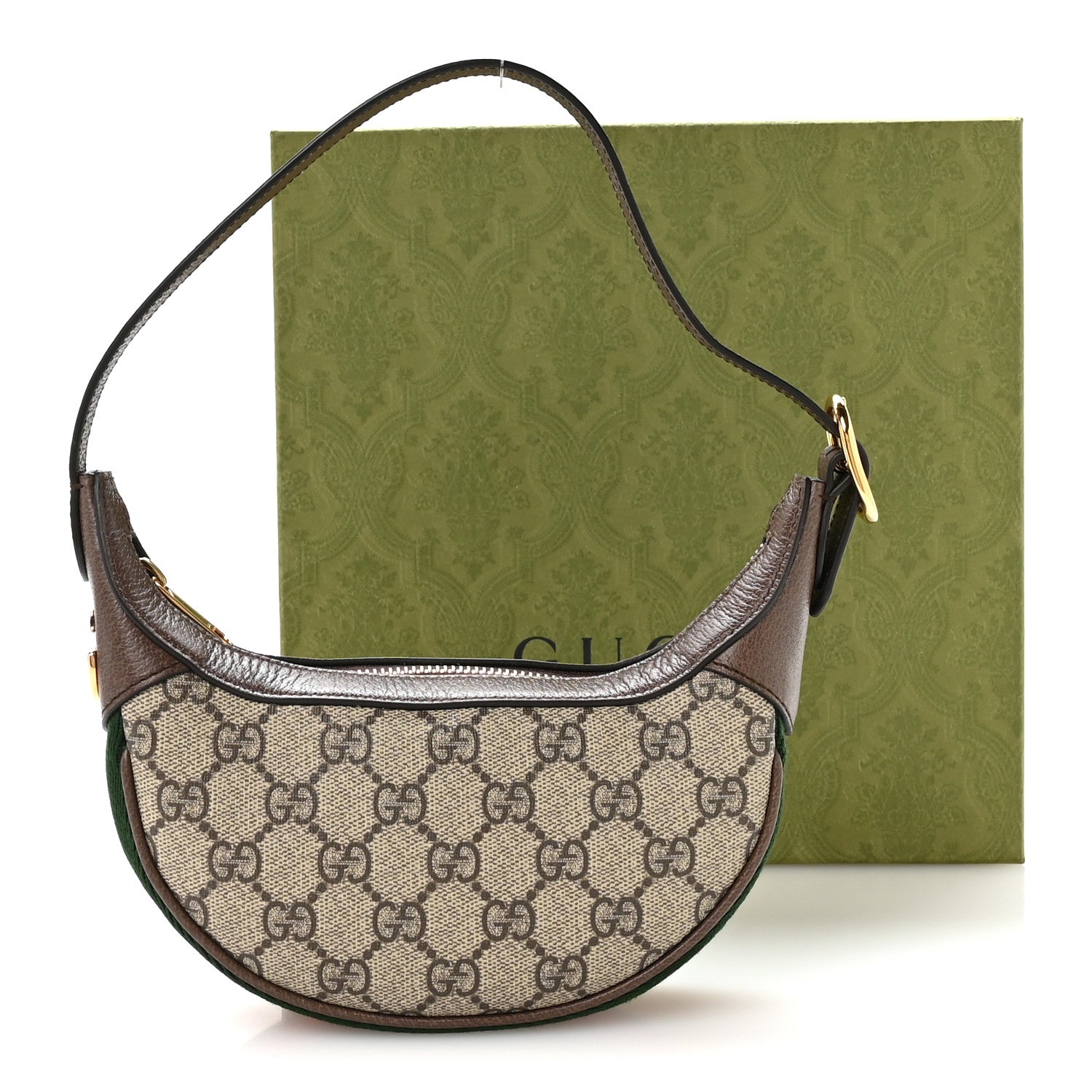 GG Supreme Monogram Textured Calfskin Web Mini Ophidia Half Moon Hobo Beige Ebony New Acero