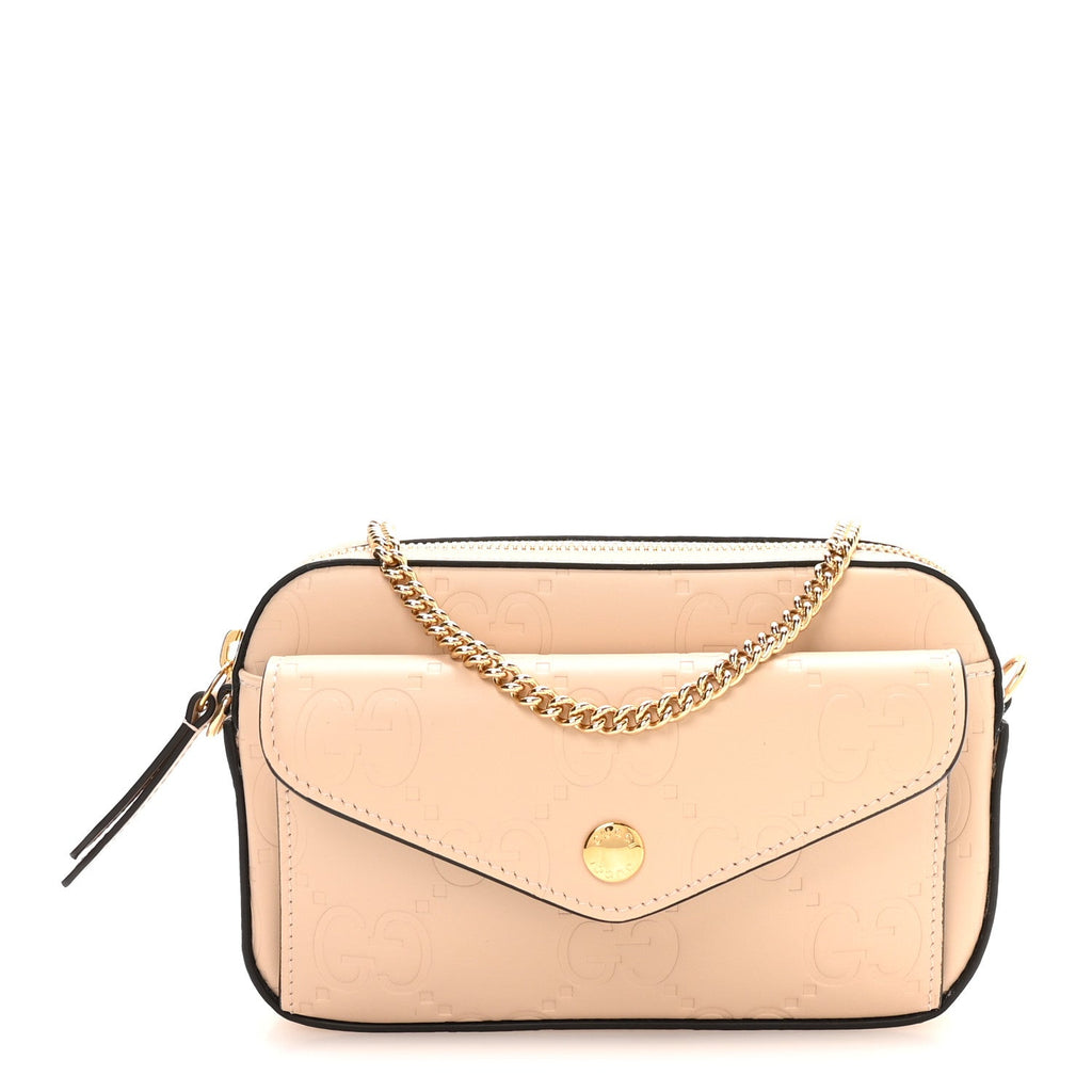 Calfskin GG Super Mini Debossed Chain Wallet Light Beige