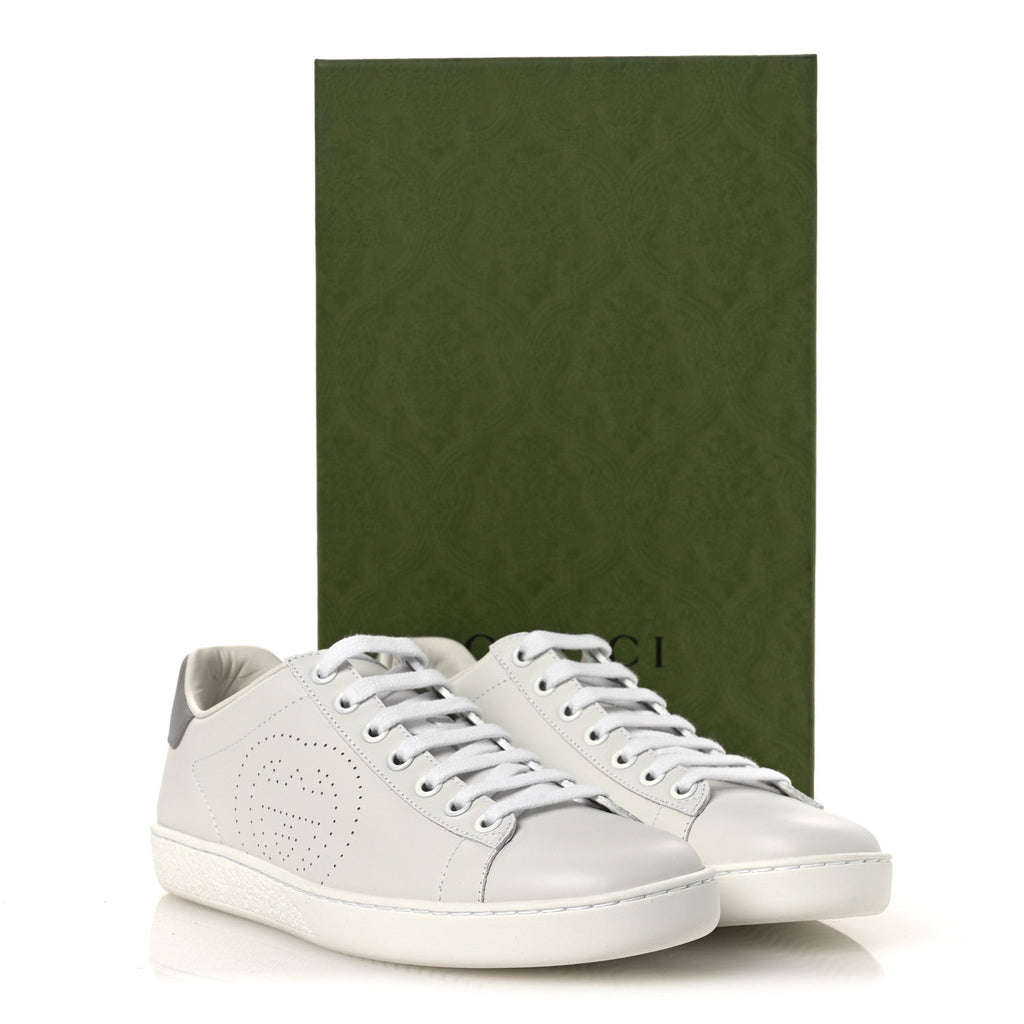 Calfskin Interlocking G Perforated Womens Ace Sneakers 37 White Grey Sky