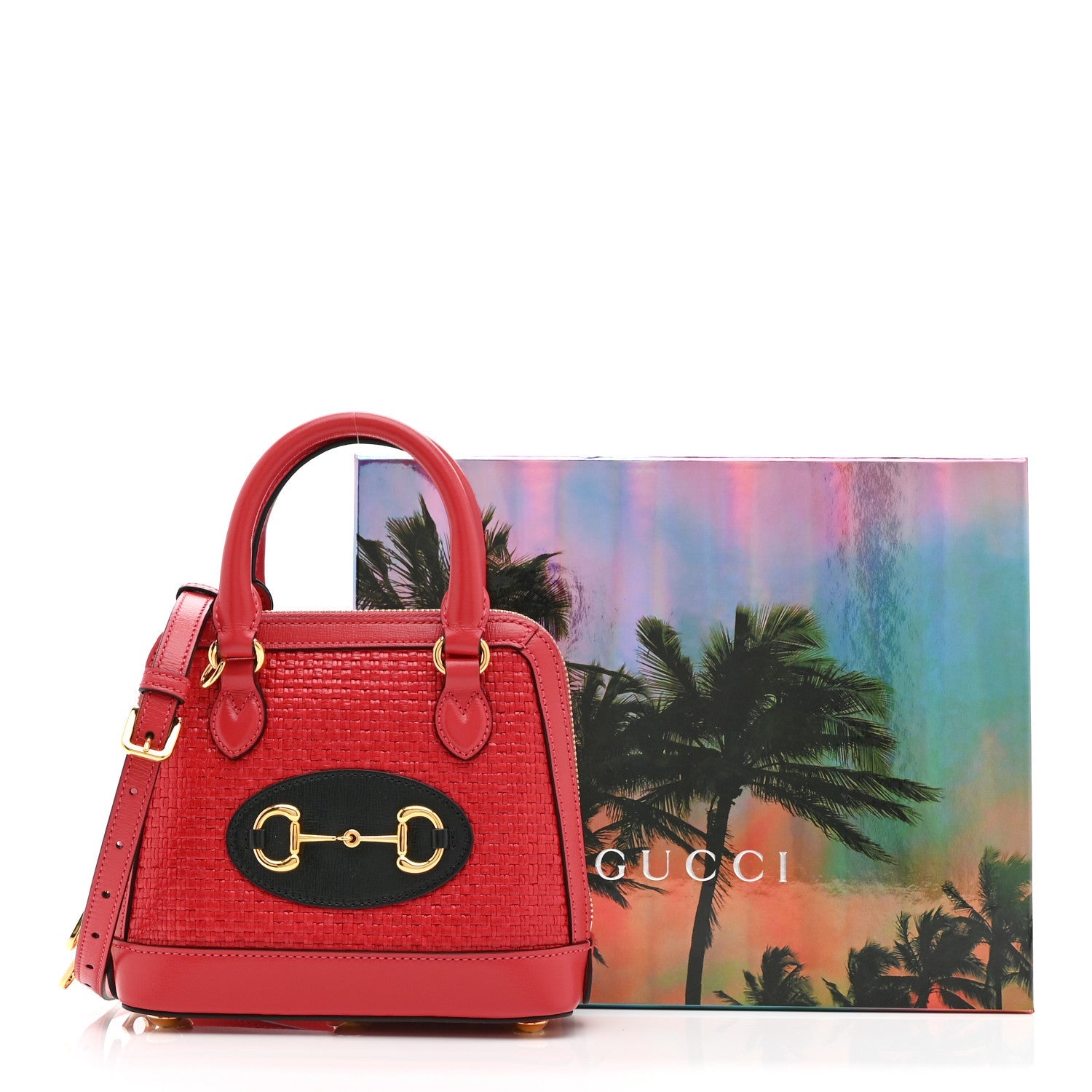 Straw Azalea Calfskin Woven Mini Horsebit 1955 Top Handle Bag Coral Wave Black