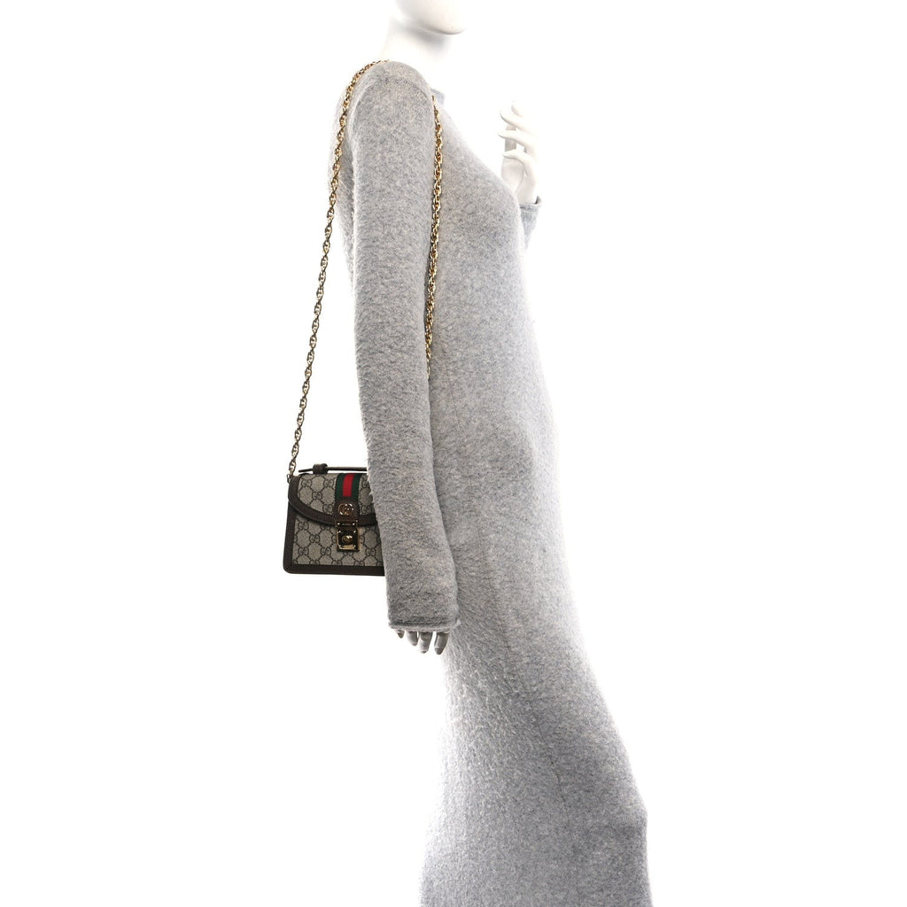 GG Supreme Monogram Textured Dollar Calfskin Web Mini Ophidia Padlock Top Handle Chain Shoulder Bag Beige Ebony New Acero