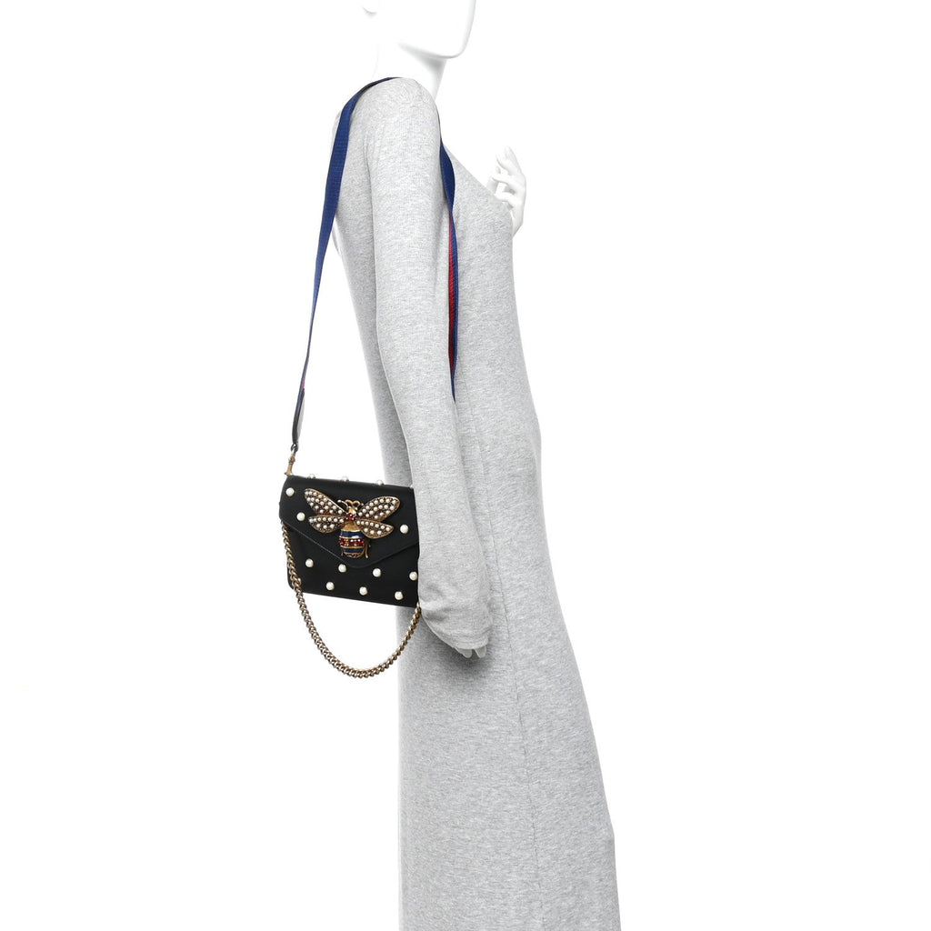 Nappa Pearl Studded Mini Queen Margaret Broadway Shoulder Bag Black
