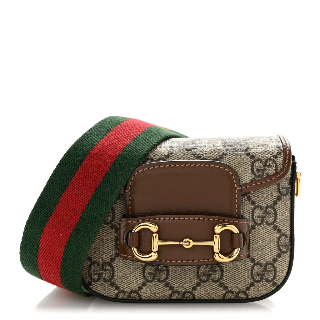 GG Supreme Monogram Azalea Calfskin Web Horsebit 1955 Wallet On Strap Beige Ebony Brown Sugar