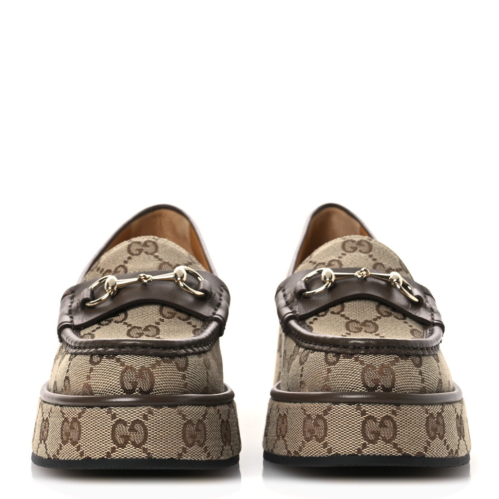 Monogram Horsebit Calfskin Womens Horsebit Wedge Platform Loafers 37 Beige Ebony